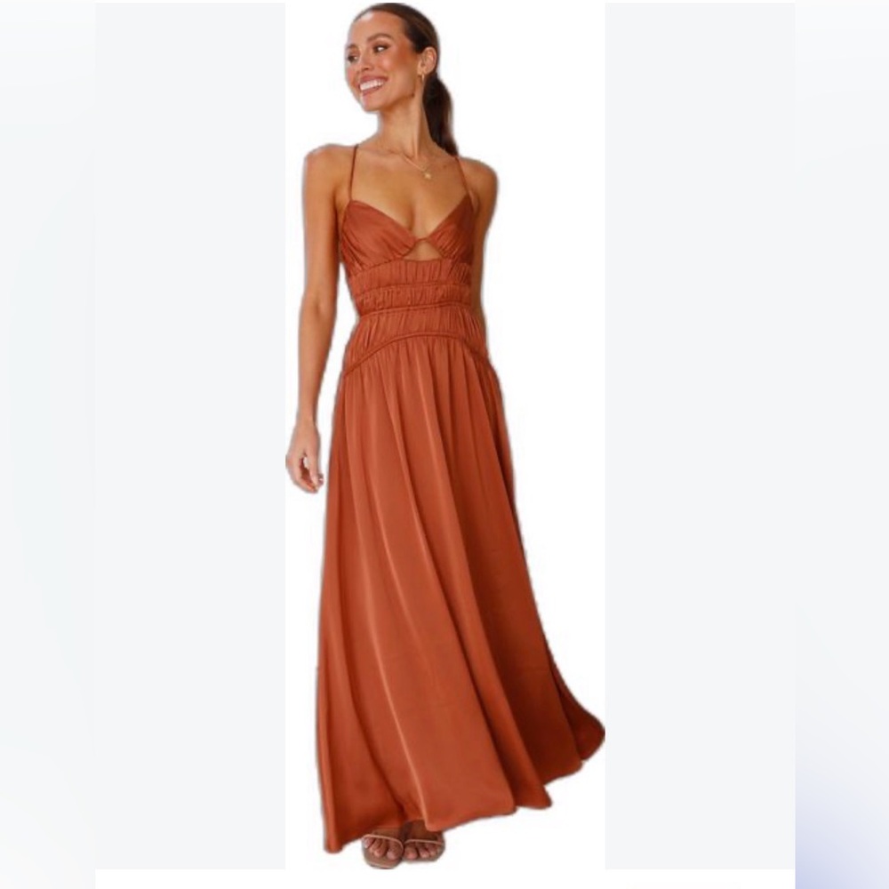 Billy J BNWT copper Elle Rust Maxi Dress Smocked Waist Spaghetti Straps sz 6